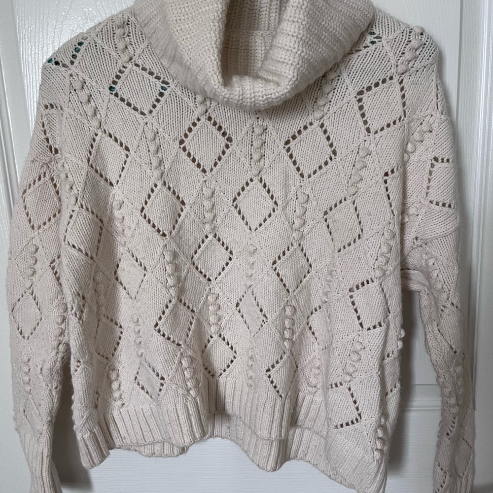 LOFT Cream Cowl Turtleneck Sweater with Diamond Knit